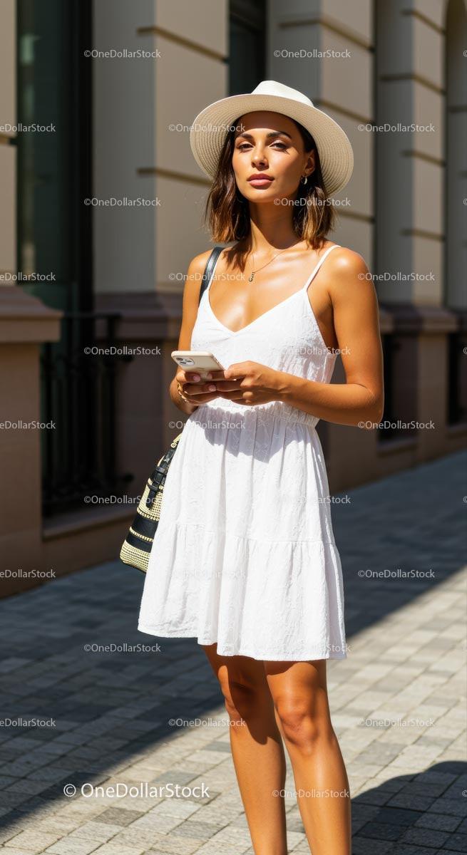 Elegant Woman in White Dress with Sun Hat on Sunny Day