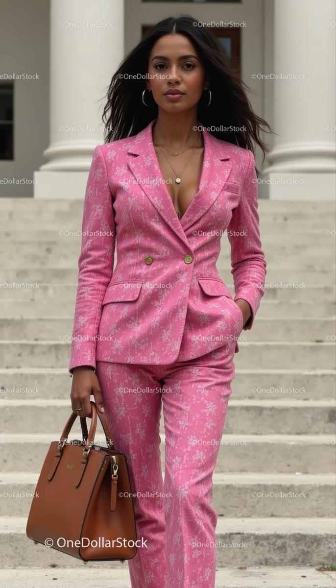 Confident Woman in Pink Floral Suit on Urban Staircase