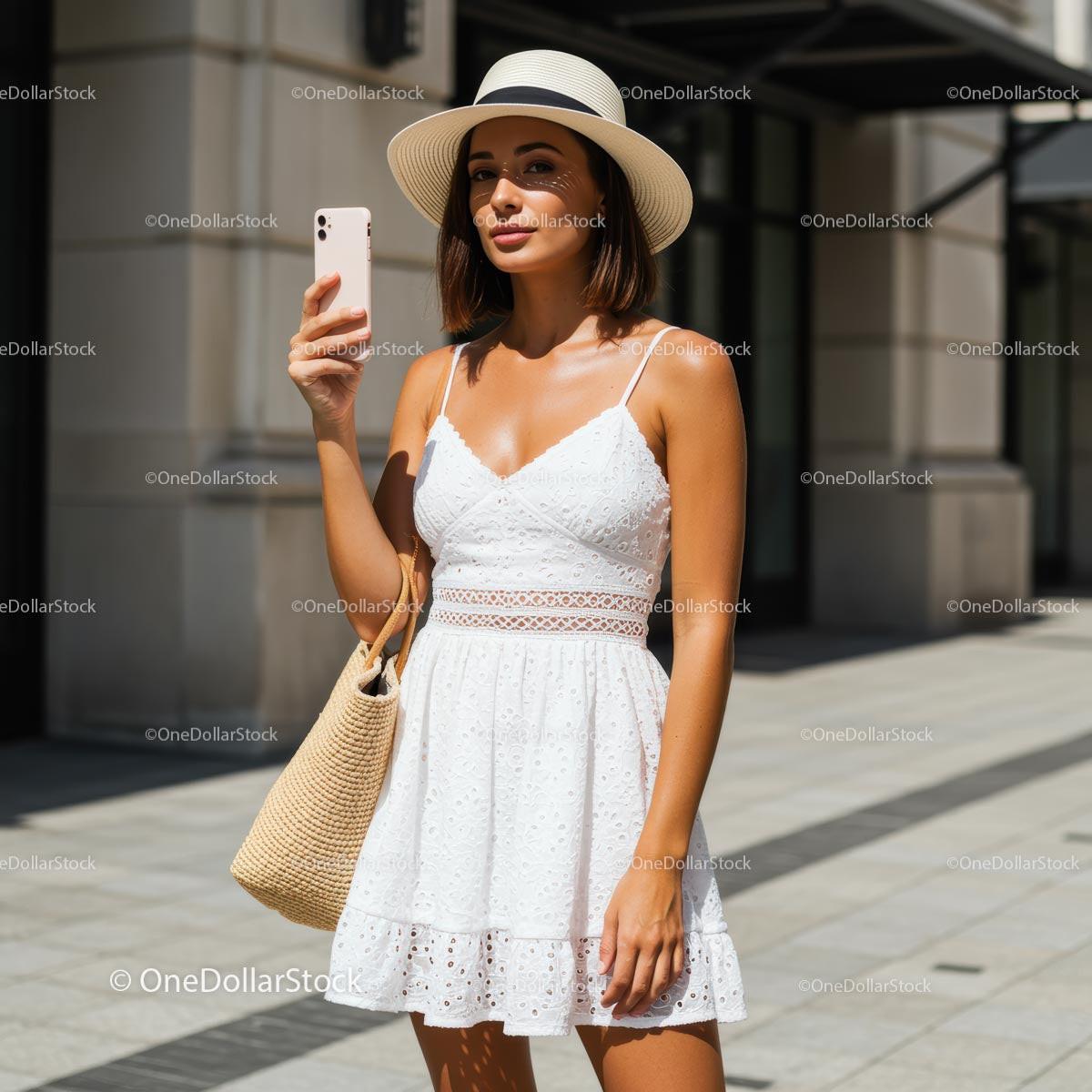Stylish Woman in White Dress with Sun Hat on Sunny Day