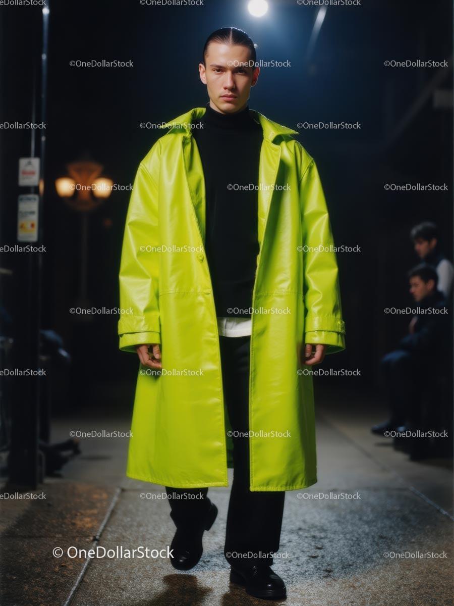 Young Man in Neon Green Coat Walking at Night