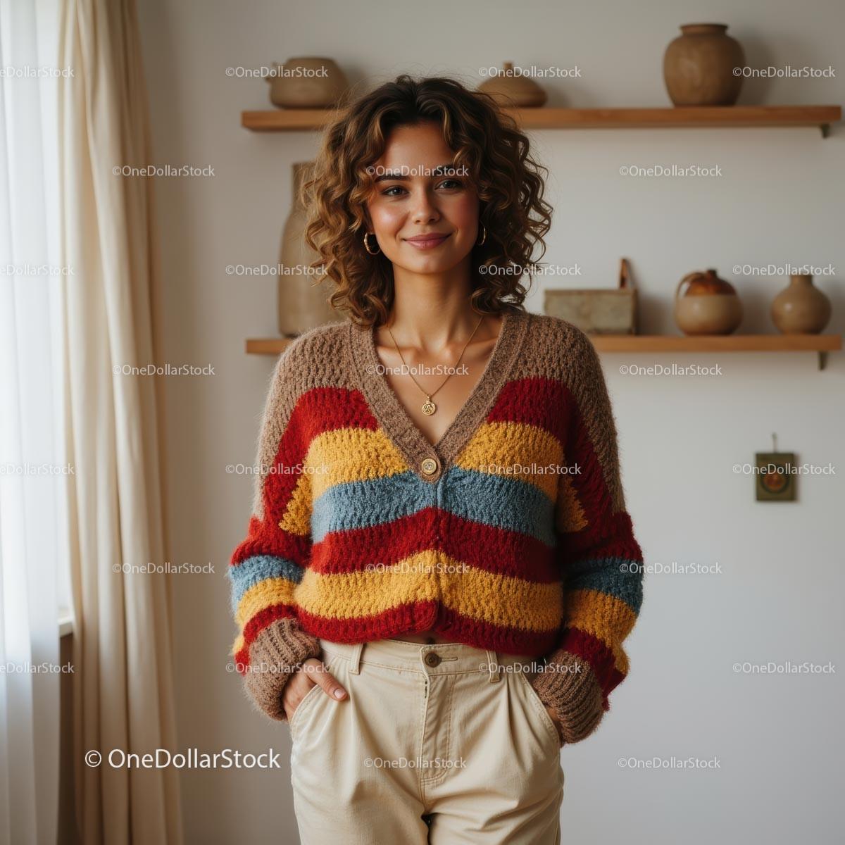Smiling Woman in Colorful Sweater in Cozy Home Setting