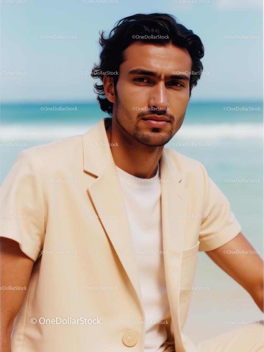 Stylish Man in Beige Blazer at the Beach