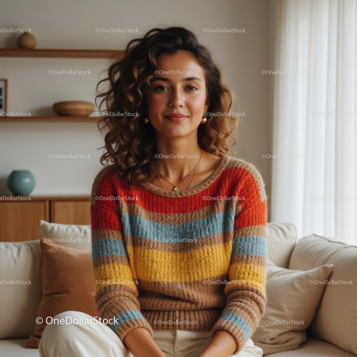 Woman in Colorful Sweater Relaxing in Modern Cozy Home