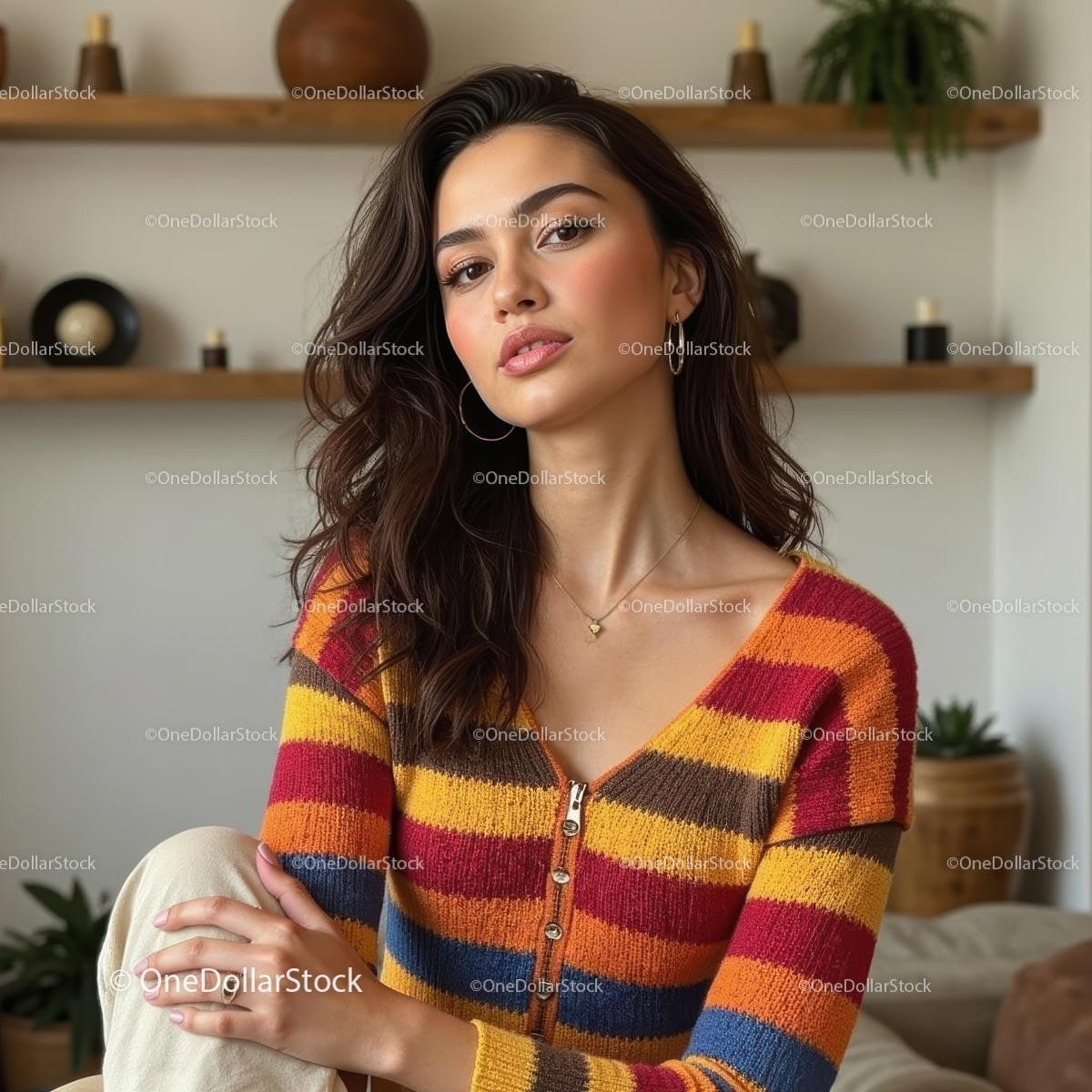 Stylish Woman in Colorful Striped Sweater in Cozy Home