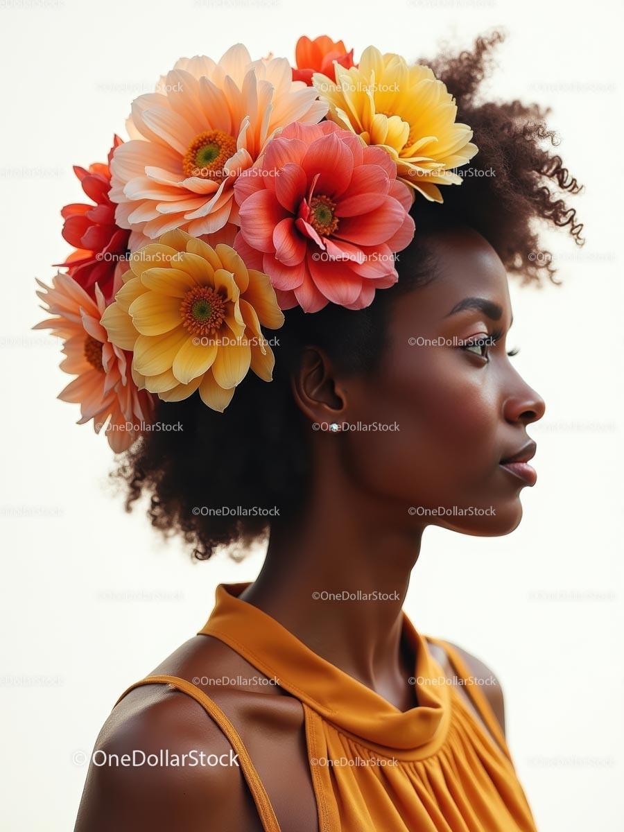 Elegant Woman with Vibrant Floral Headdress