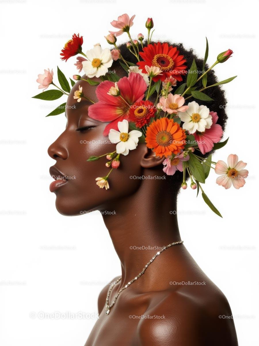Vibrant Floral Headpiece on Serene Woman in Profile