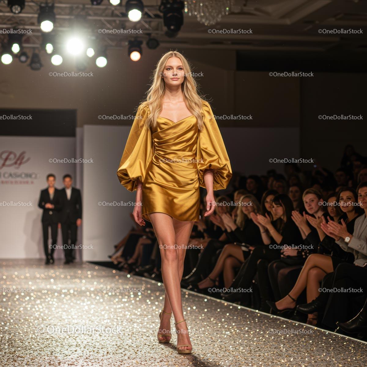 Model in Gold Dress on a Glamorous Fashion Runway