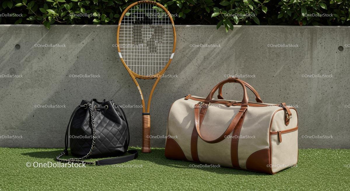 Tennis Racket and Stylish Bags on Green Lawn
