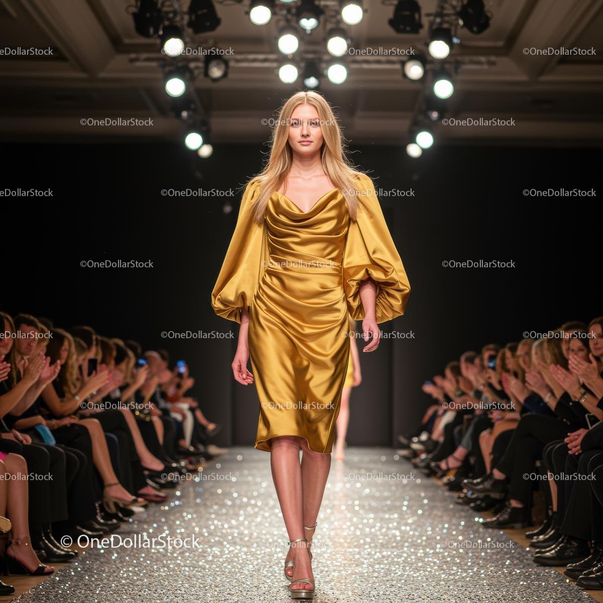 Model in Golden Gown on Fashion Show Runway