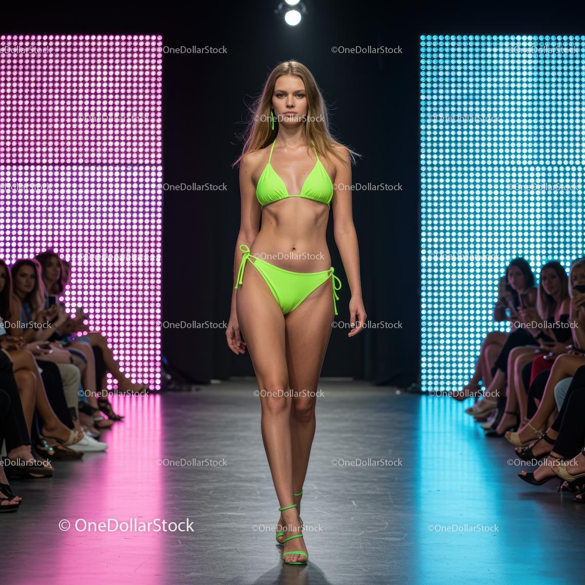 Model in Neon Green Bikini Struts Down Fashion Runway