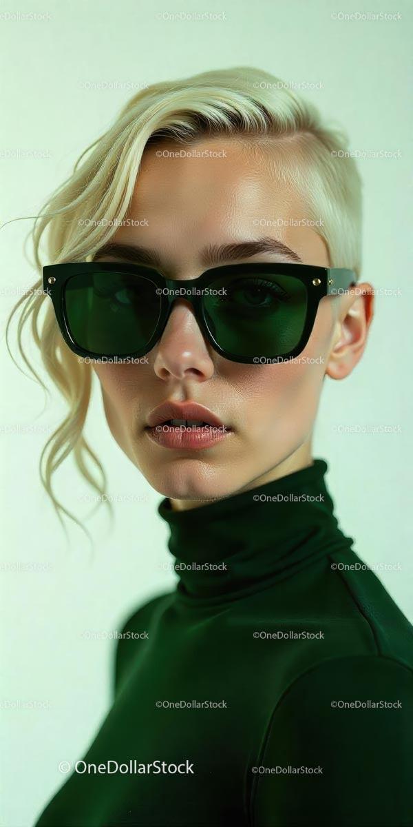Blonde Woman in Dark Green Sunglasses and Turtleneck