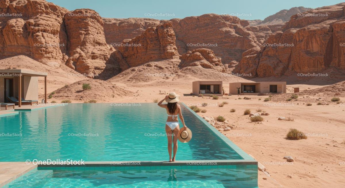 Woman Relaxing by Infinity Pool in Desert Resort