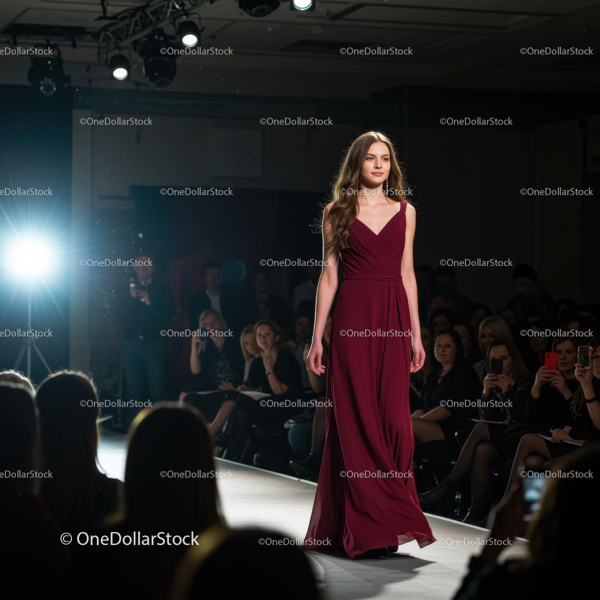 Model in Elegant Burgundy Evening Gown on Runway