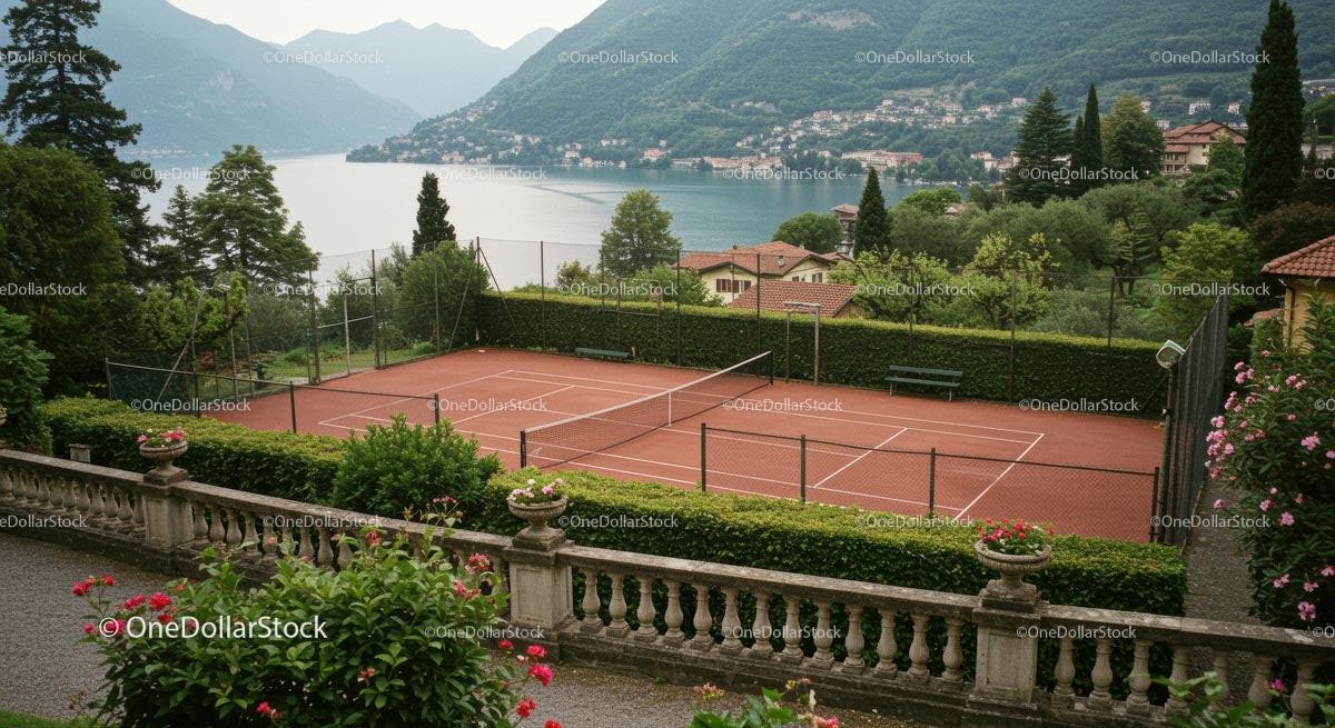 Luxury Tennis Court Overlooking Scenic Lake and Mountains