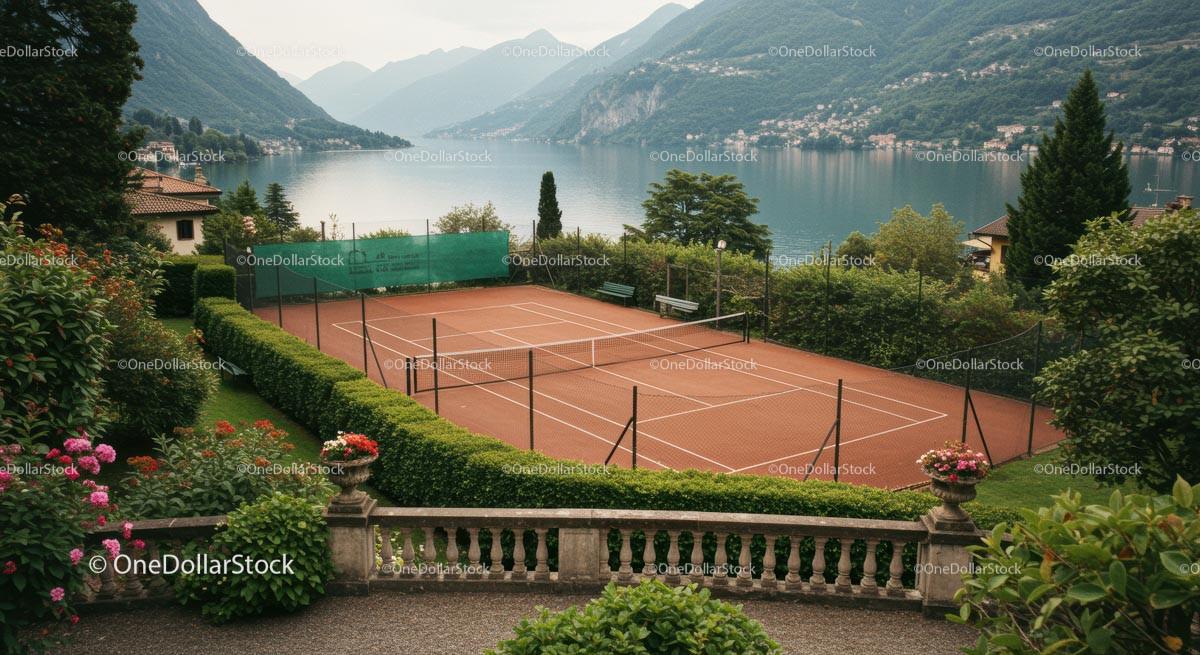 Scenic Tennis Court by Serene Mountain Lake 12 JPG Files digital asset preview