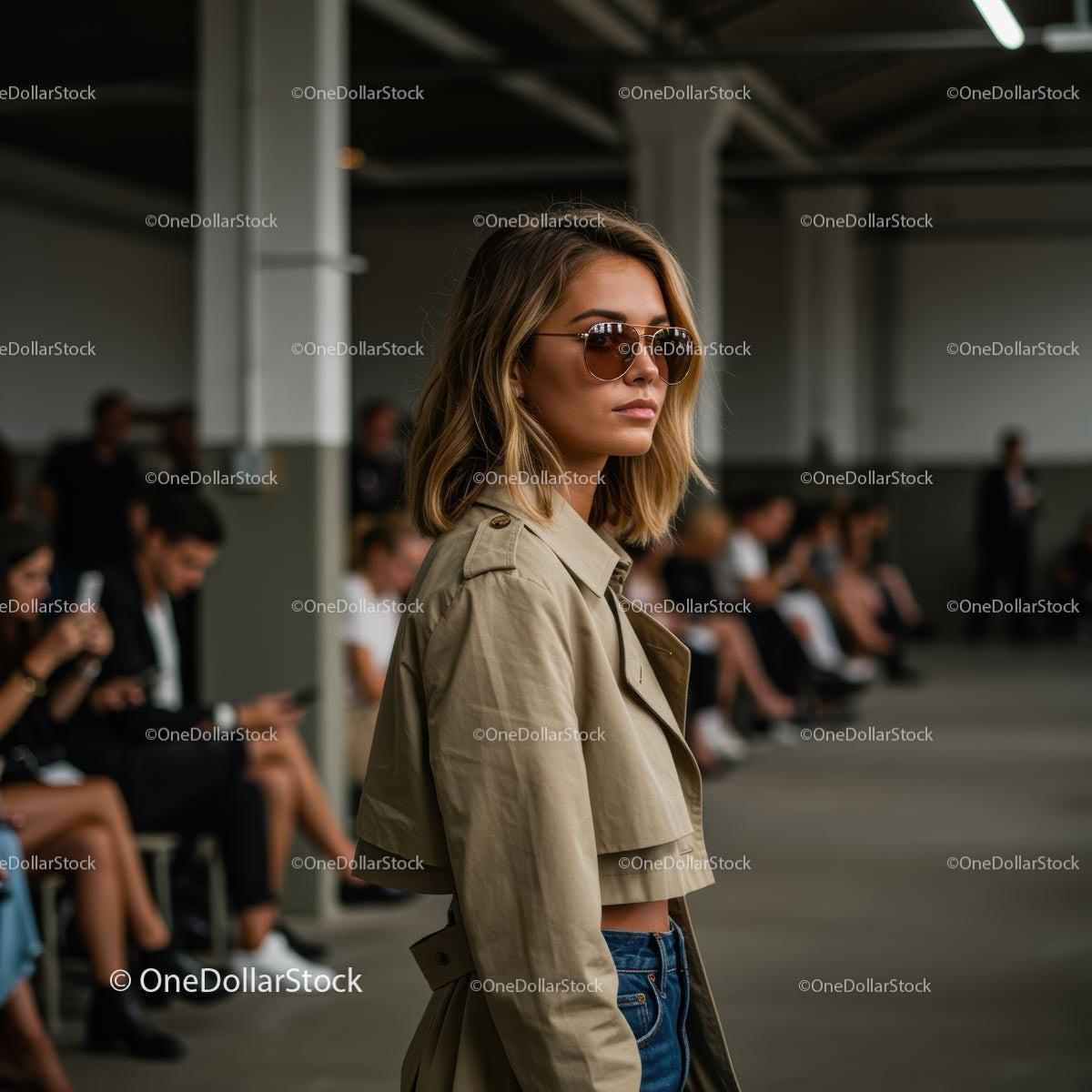 Stylish Woman in Beige Trench Coat at Fashion Show