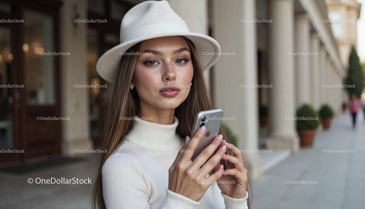 Elegant Woman with Smartphone in City Setting