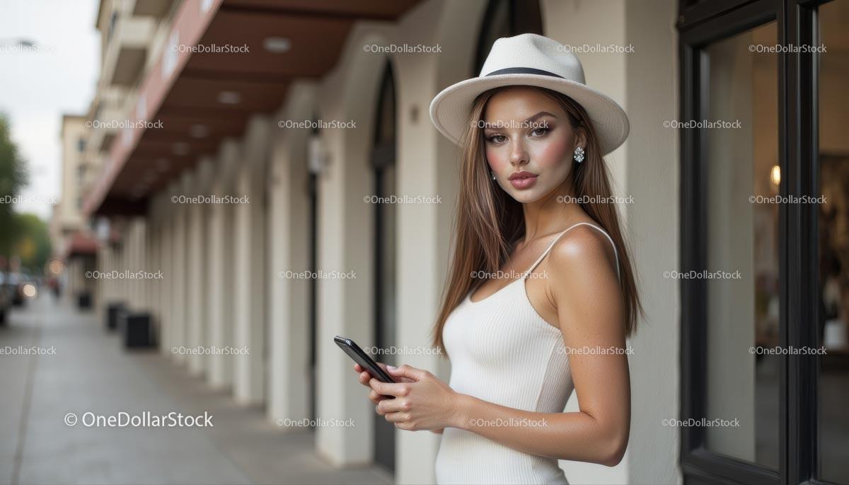 Elegant Woman in White Dress and Hat on City Street