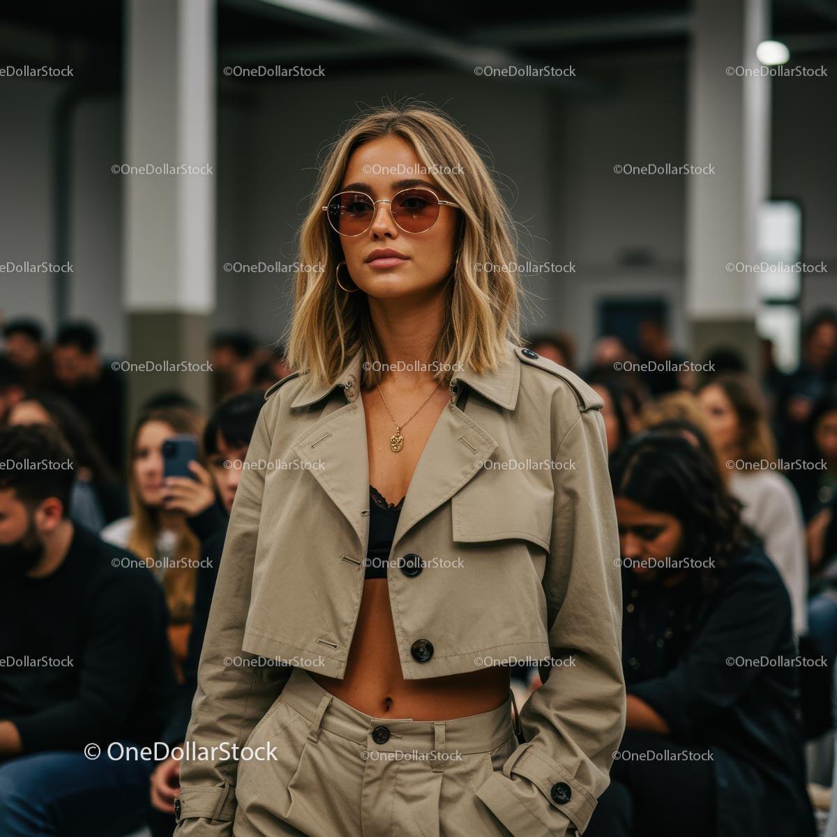 Chic Woman in Trench Coat at Fashion Show Runway Event