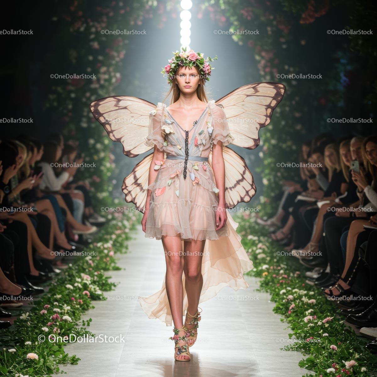 Ethereal Model on Runway in Butterfly-Winged Floral Dress