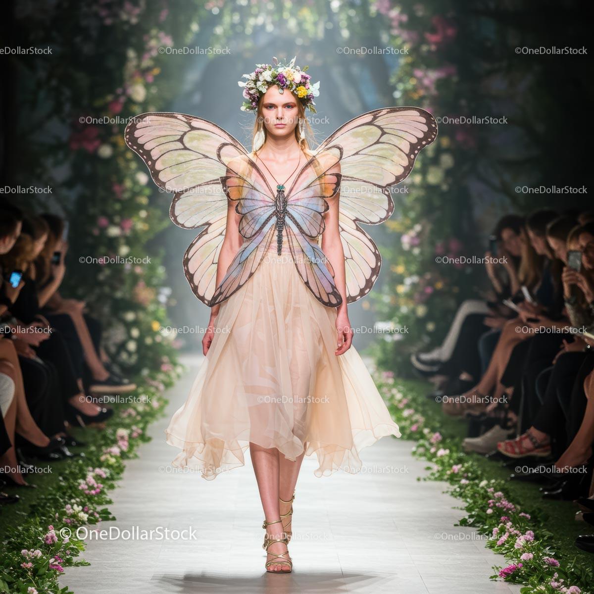 Ethereal Fashion Model with Butterfly Wings on Runway