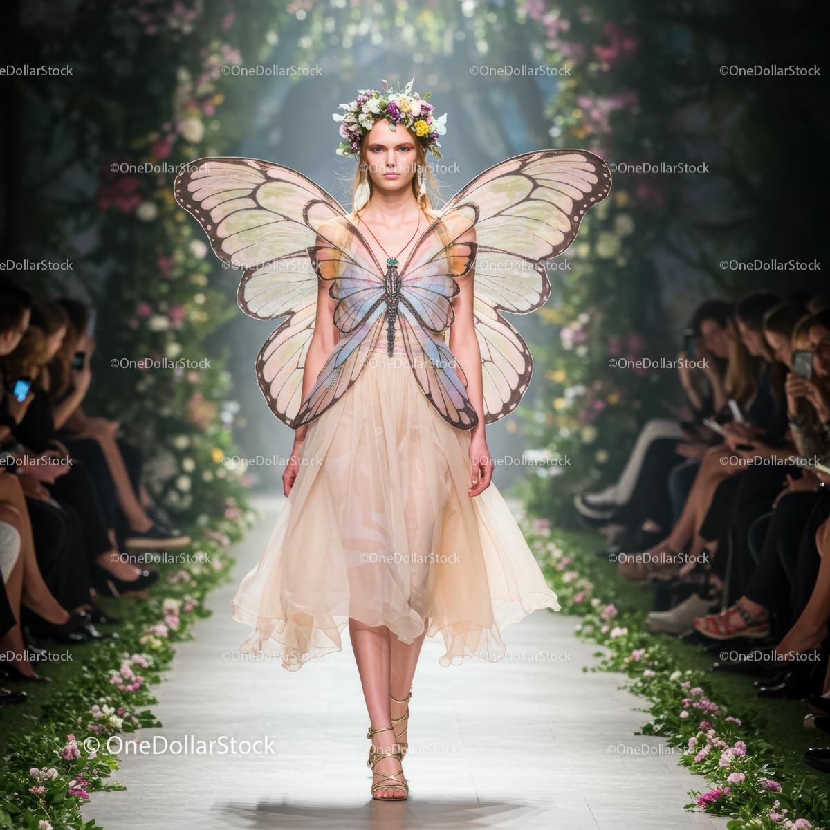 stock photo bundle made with Model in Butterfly Wings and Romantic Floral Dresses on Floral Runway Show Stock Photo Bundle