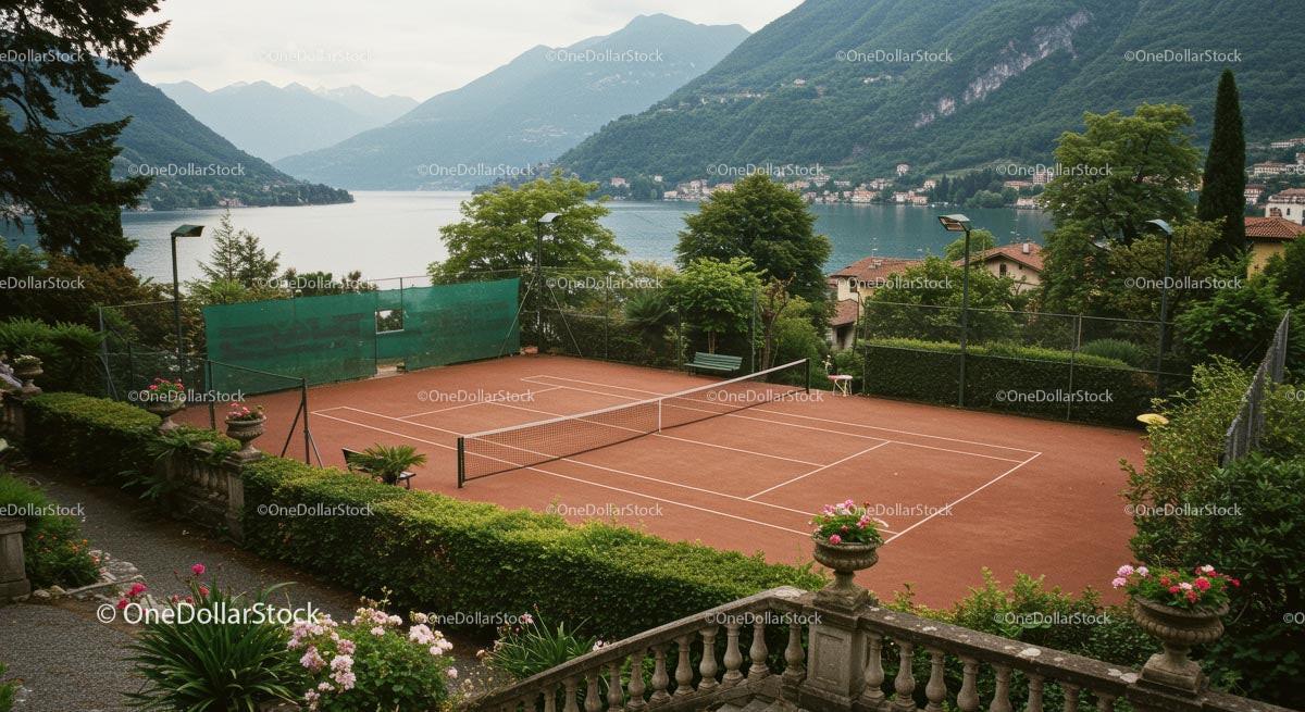 Scenic Tennis Court by Serene Mountain Lake Stock Photo Bundle preview 9