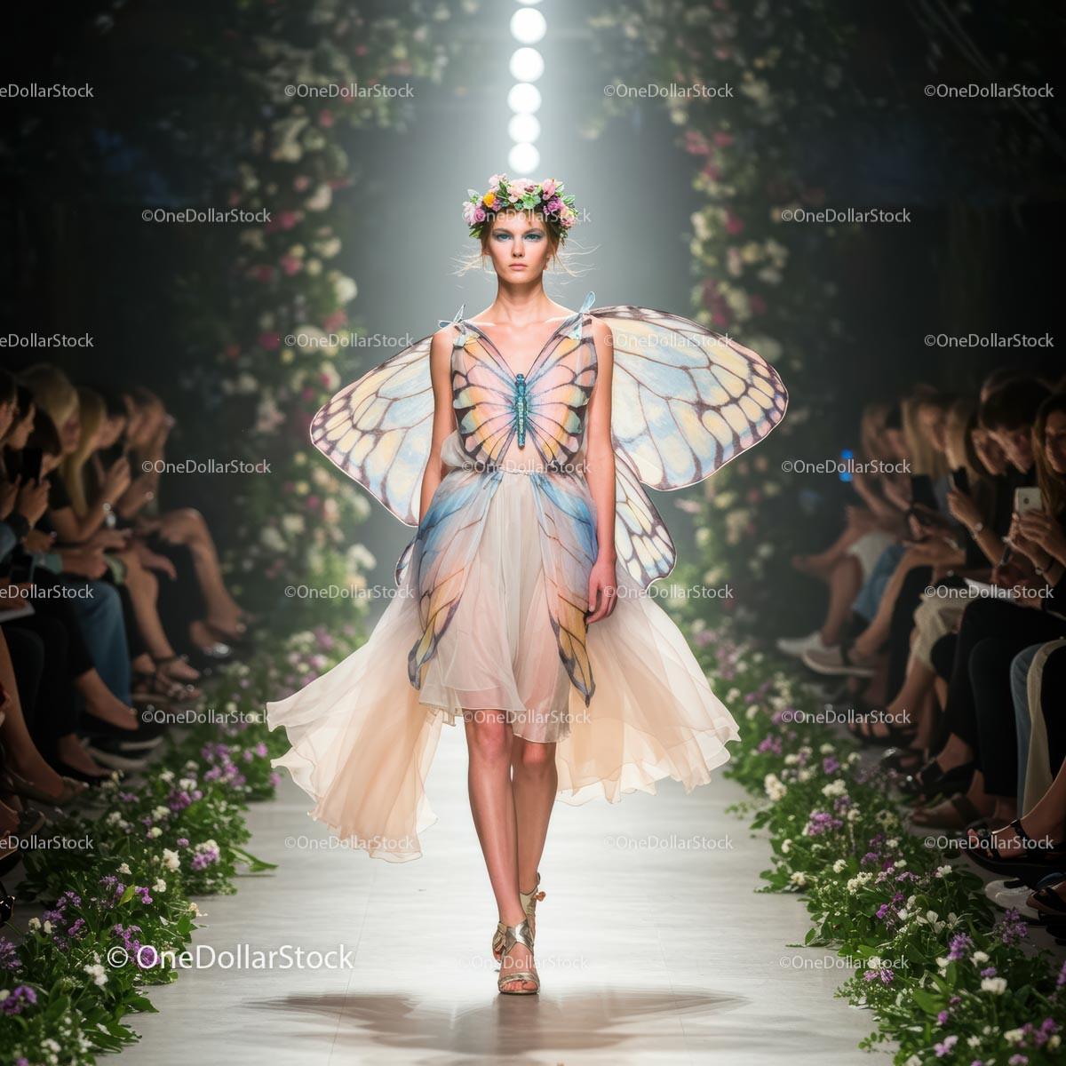Model in Butterfly Wings and Romantic Floral Dresses on Floral Runway Show Stock Photo Bundle creative preview 4