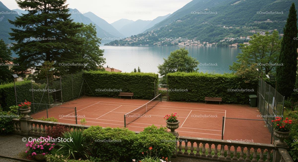 Scenic Tennis Court Overlooking Tranquil Lake and Mountains