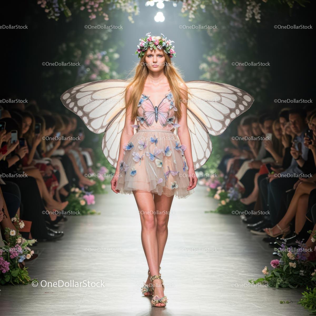 Model in Butterfly Wings and Romantic Floral Dresses on Floral Runway Show Stock Photo Bundle preview 5