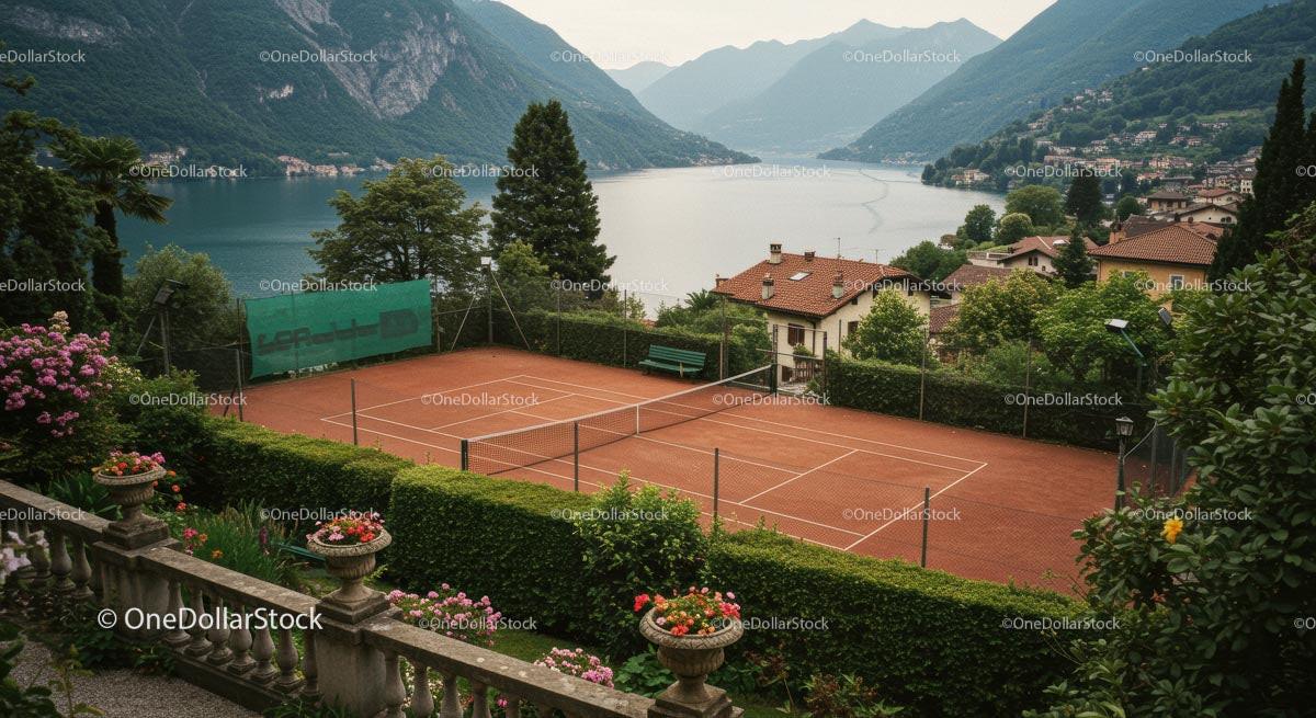 Scenic Tennis Court with Picturesque Lake and Mountain Views