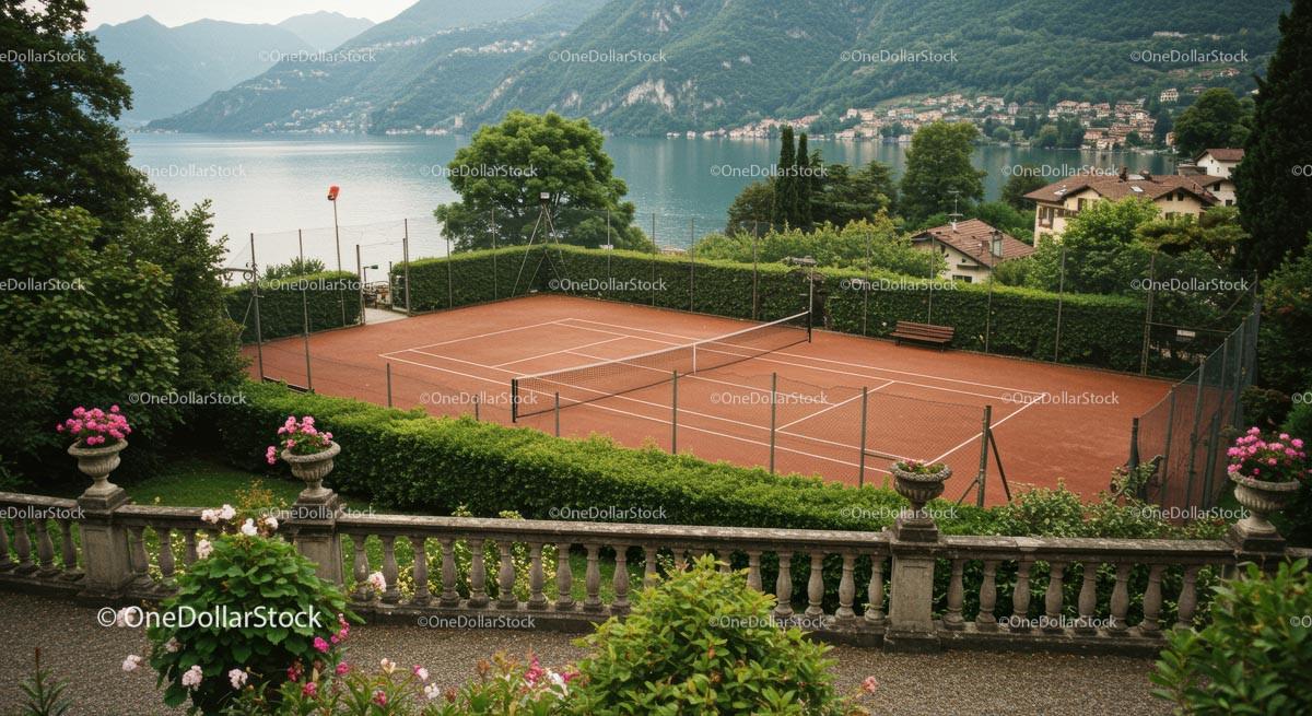 Scenic Tennis Court by Serene Mountain Lake Stock Photo Bundle preview 12