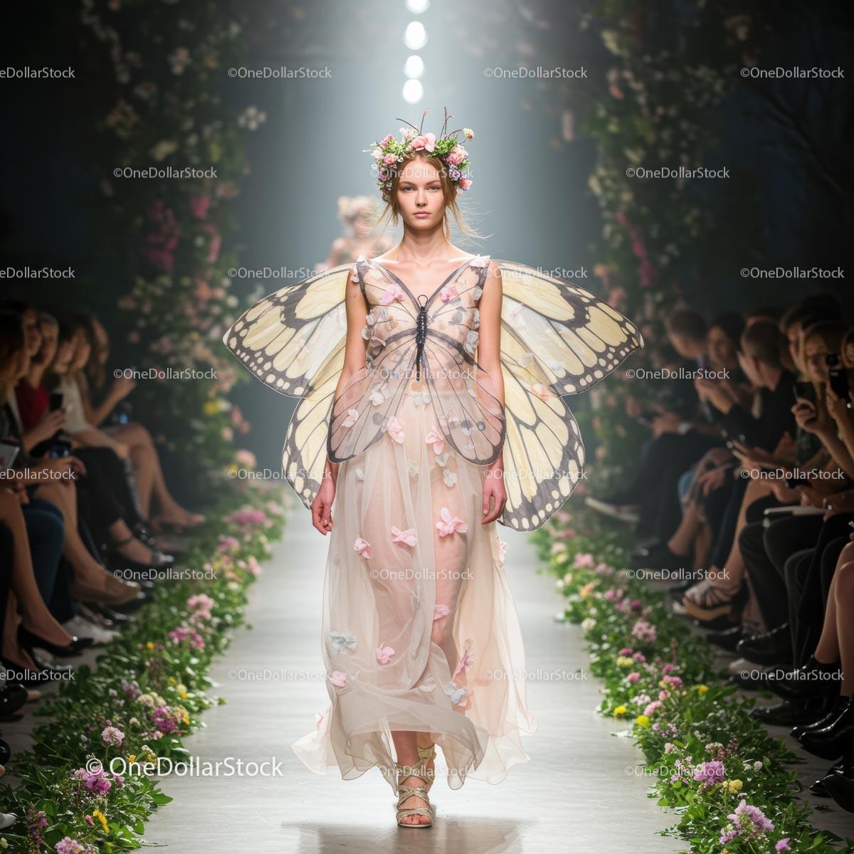 Runway Model in Butterfly Winged Floral Couture Dress