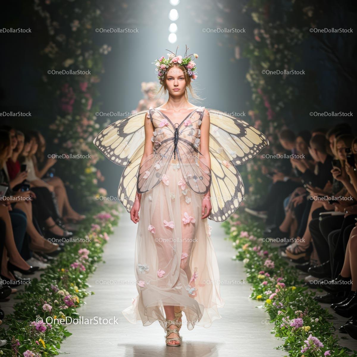 Model in Butterfly Wings and Romantic Floral Dresses on Floral Runway Show Stock Photo Bundle preview 8