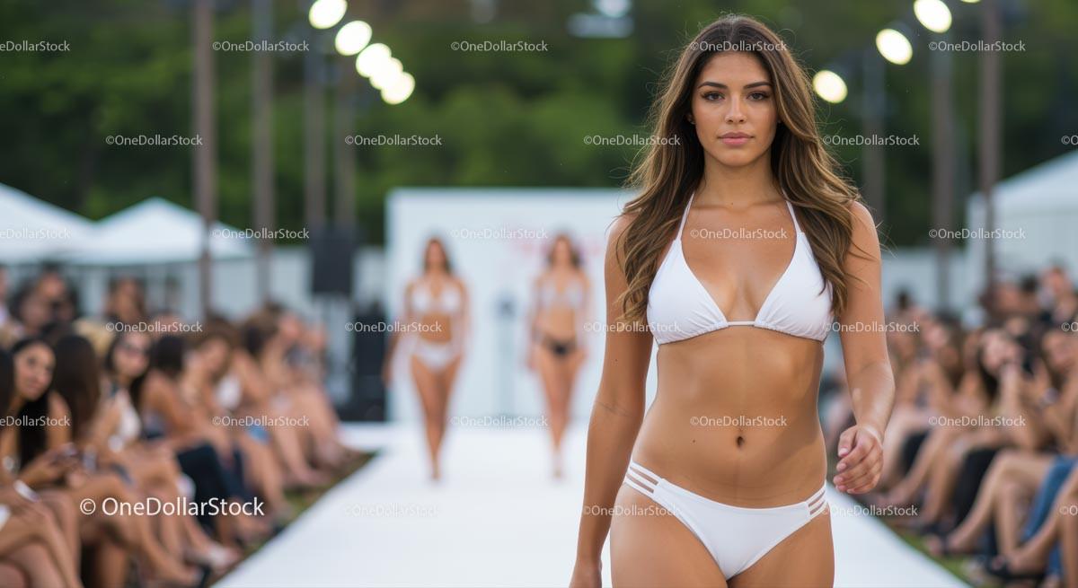 Confident Model in White Bikini on Fashion Runway