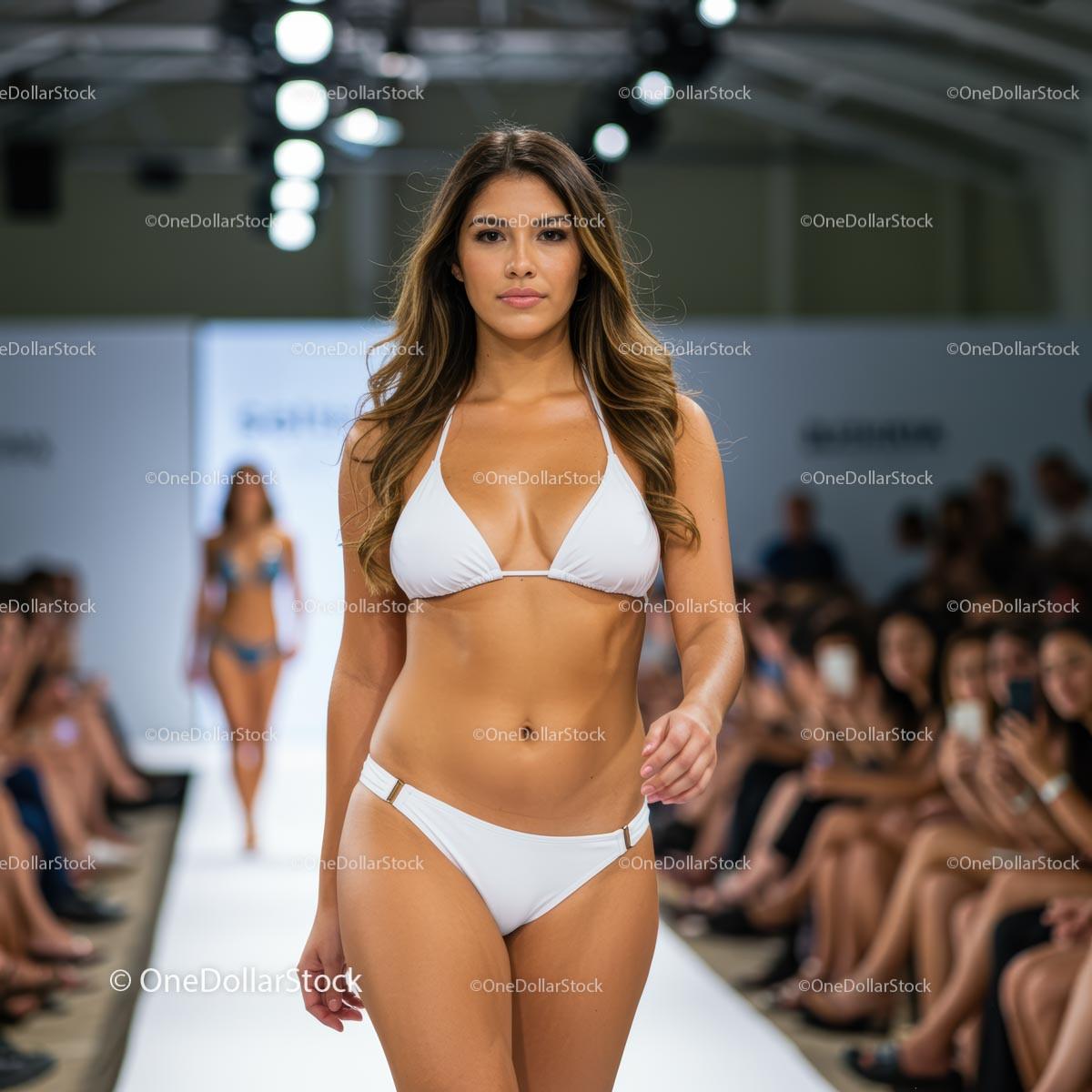 Fashion Model in White Bikini Walking the Runway
