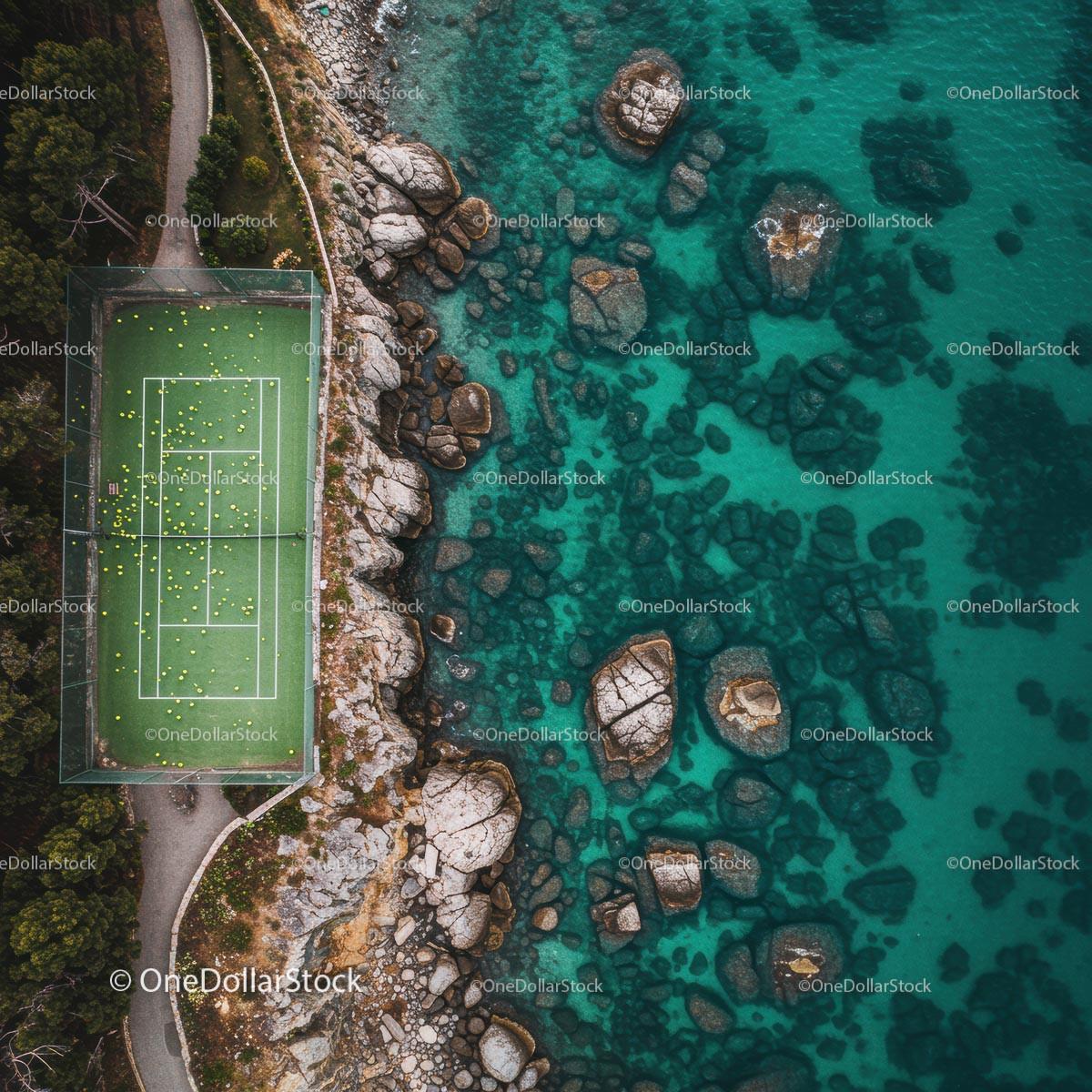 Aerial View of Coastal Tennis Court and Turquoise Sea