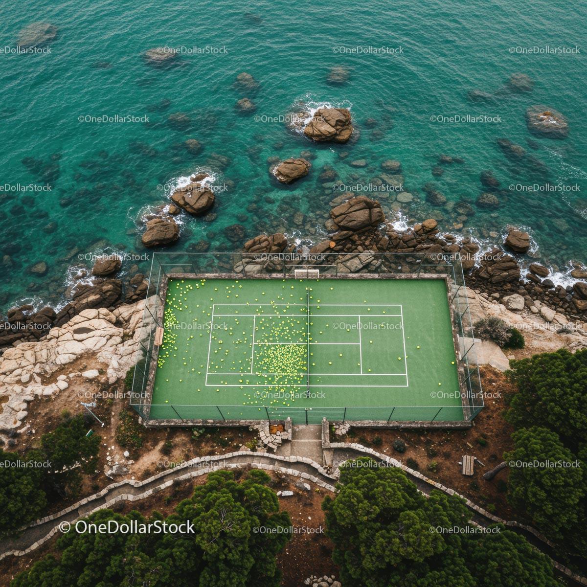 Aerial View of Tennis Court by Rocky Oceanfront
