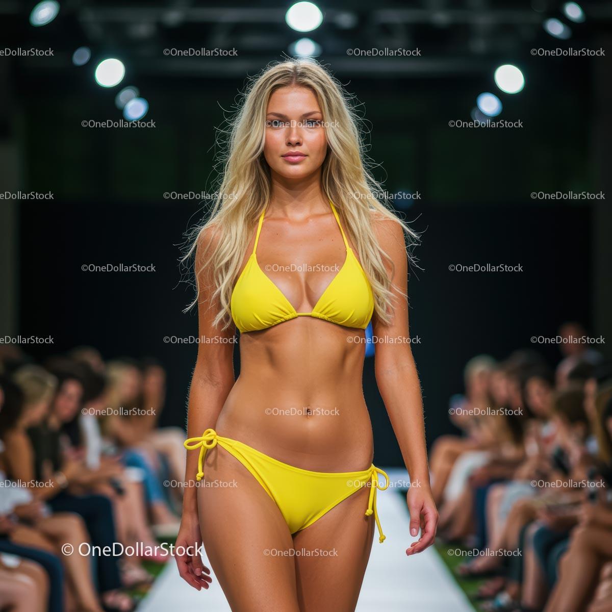 Blonde Model in Vibrant Yellow Bikini on Runway