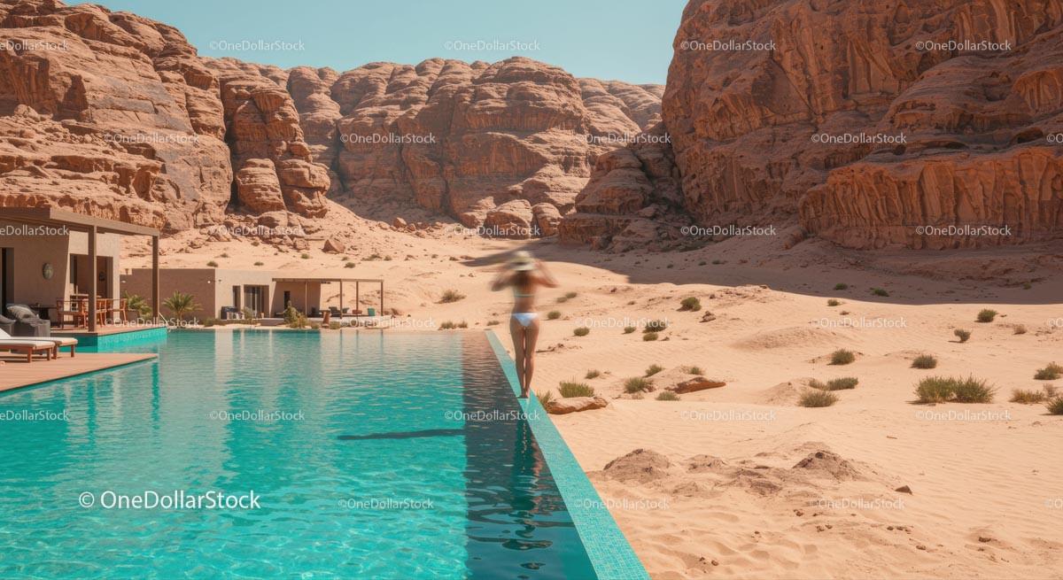 Infinity Pool at Desert Oasis Resort with Sandstone Cliffs