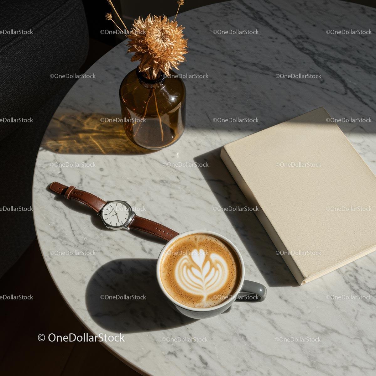 Elegant Marble Table with Coffee, Watch, and Book