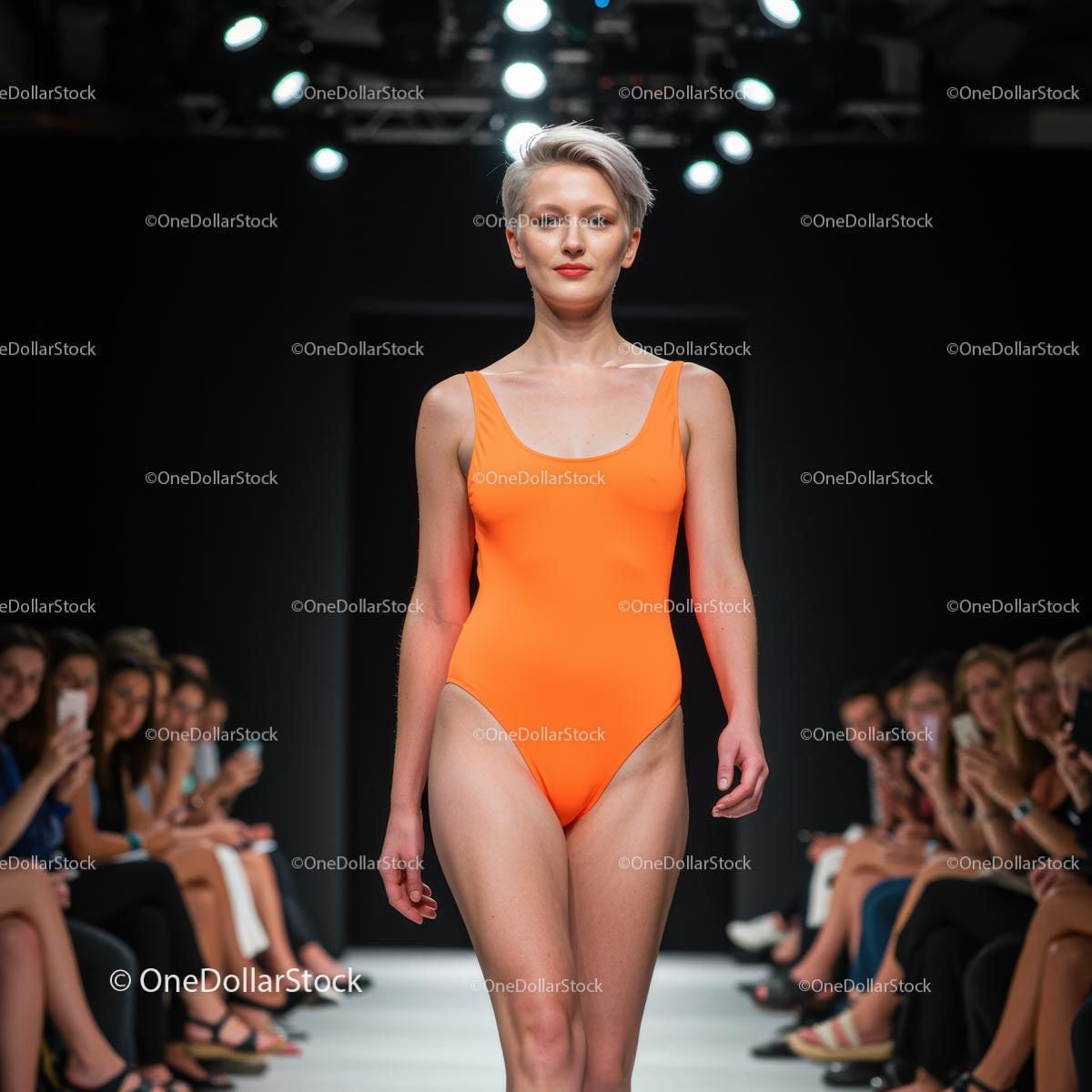 Confident Model in Orange Swimsuit on the Runway