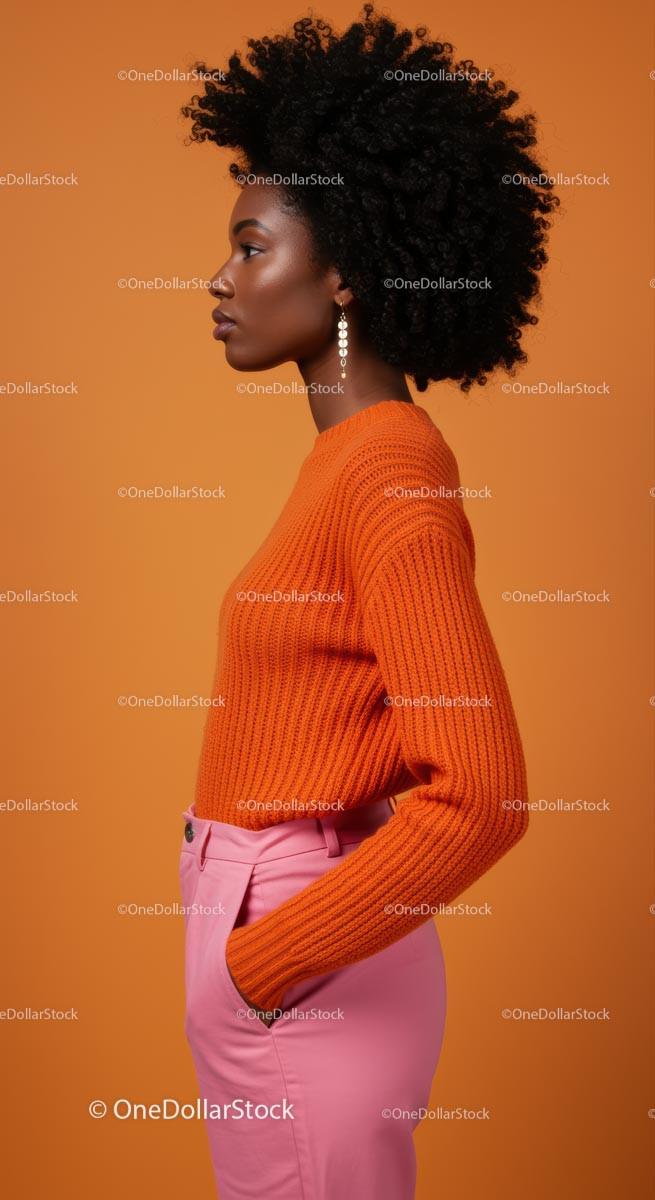 Elegant Woman in Orange Sweater and Pink Pants