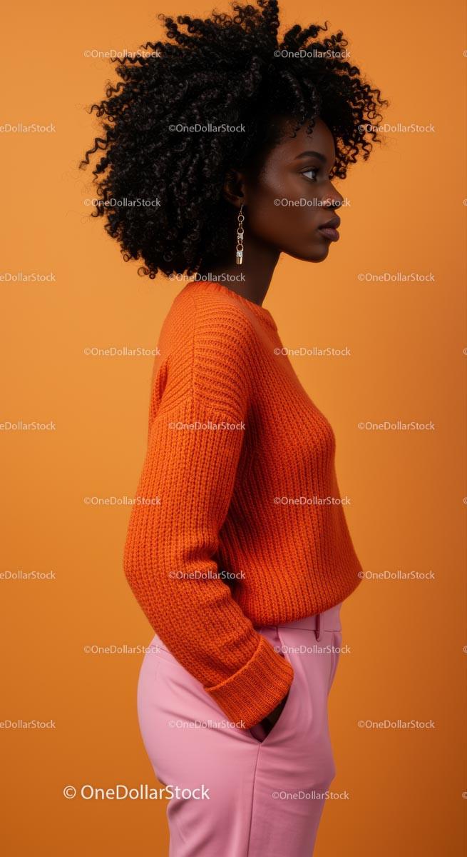 Stylish Woman in Orange Sweater and Pink Pants Side Profile