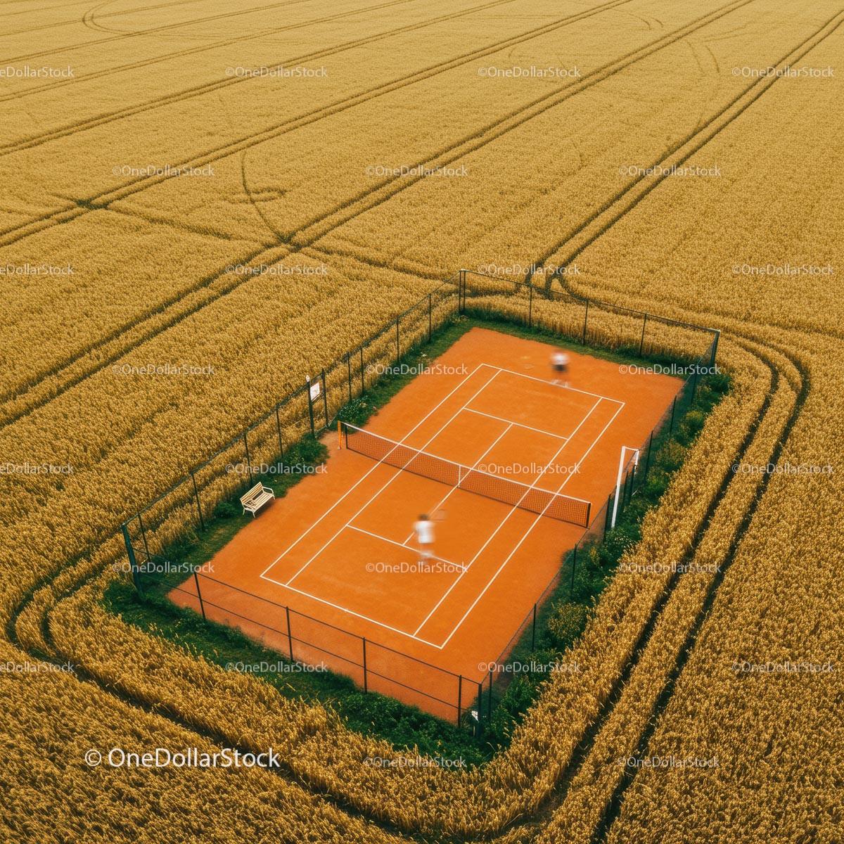 Aerial View of Tennis Court Surrounded by Golden Wheat Field