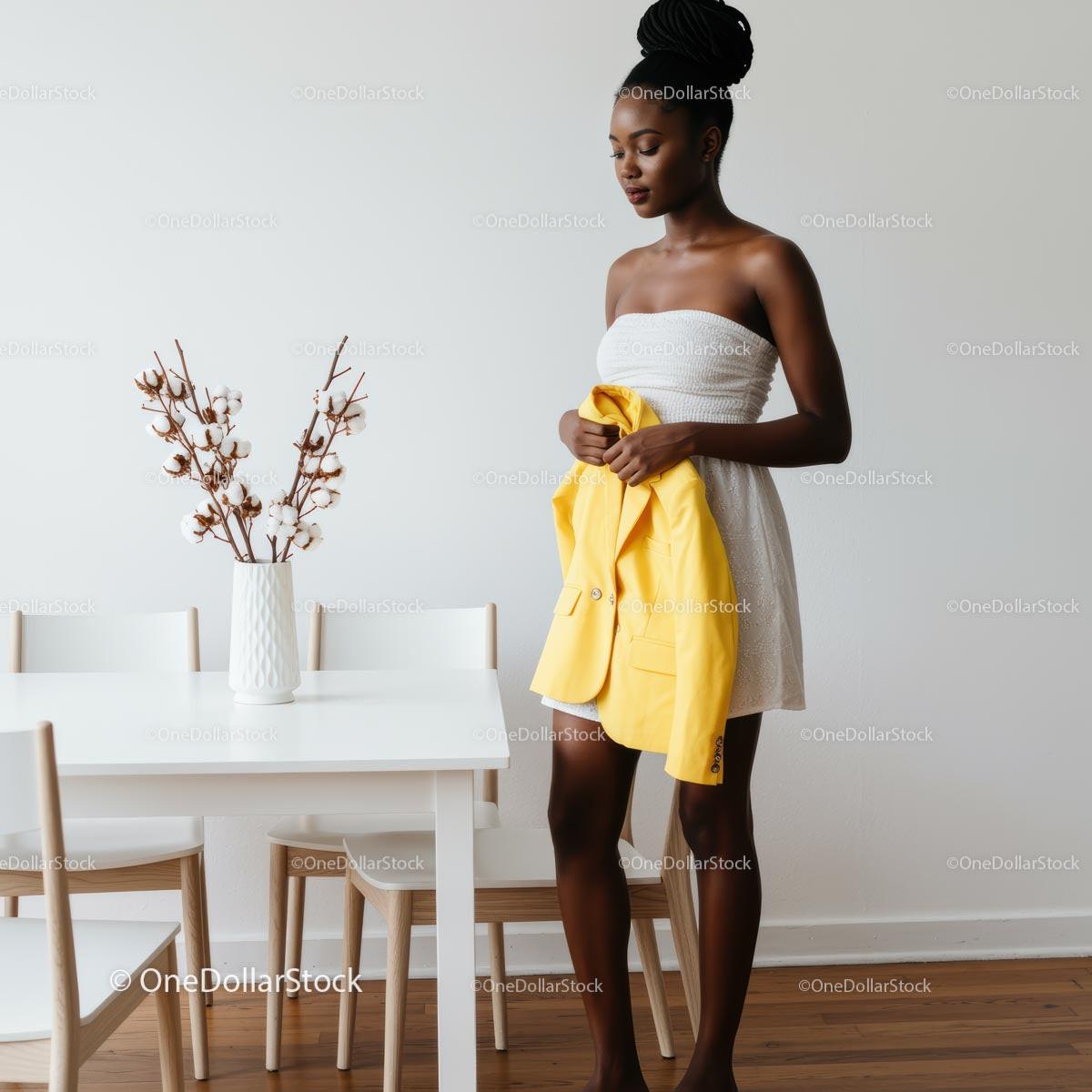 Stylish Woman in Modern Dining Room with Yellow Jacket
