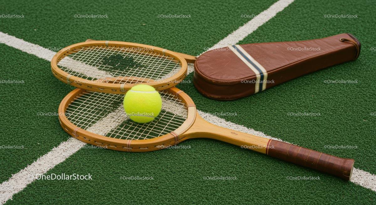 Vintage Wooden Tennis Rackets on Green Court