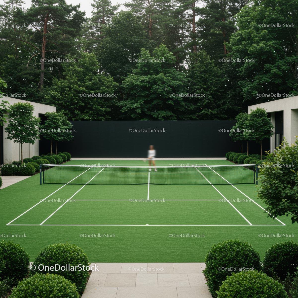 Elegant Tennis Court Surrounded by Greenery and Modern Design