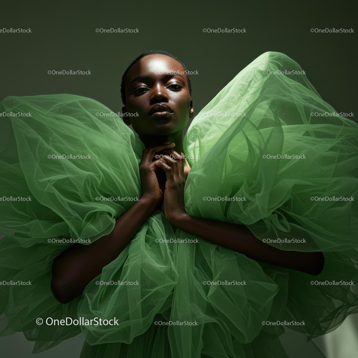 Elegant Woman in a Dramatic Green Tulle Dress