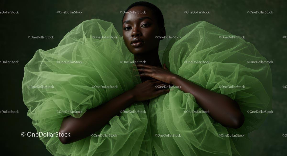 Elegant Woman in Green Tulle Dress Against Dark Background